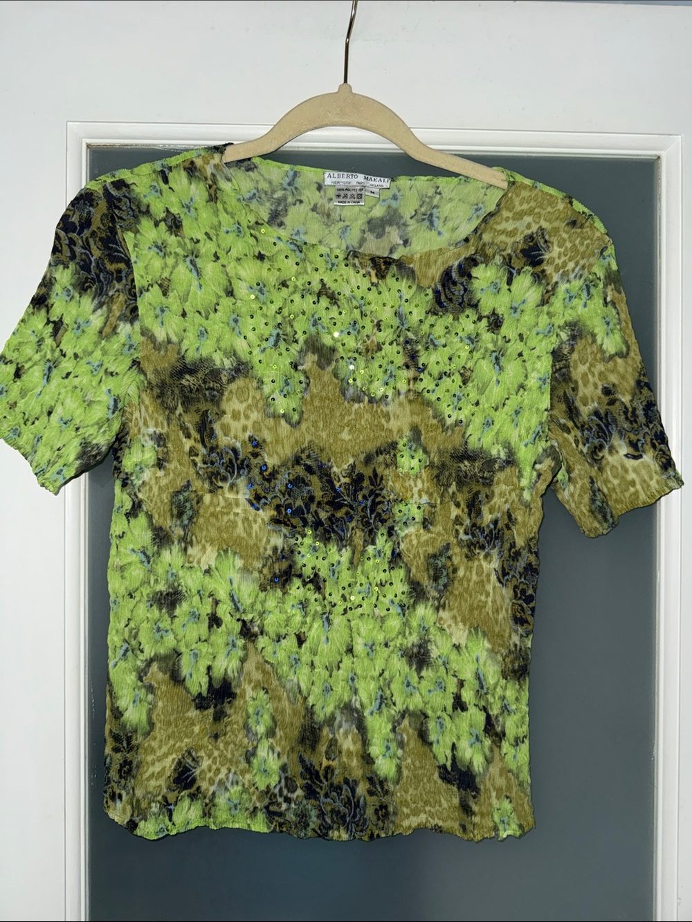 Alberto Makali Neon Lime & Olive Abstract Beaded Blouse